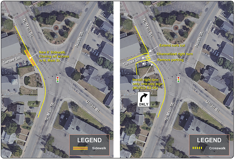 Figure 5: Turner Lane Design Alternatives
This figure is split in half lengthwise. On the left side of the figure, Turner Lane design Alternative 1 is shown. This alternative consists of closing access to Turner Lane from N. Main St. and constructing a sidewalk. On the right side of the figure, Turner Lane design Alternative 2 is shown. This alternative redesigns Turner Lane as a one-way street with a right-turn only exit.
